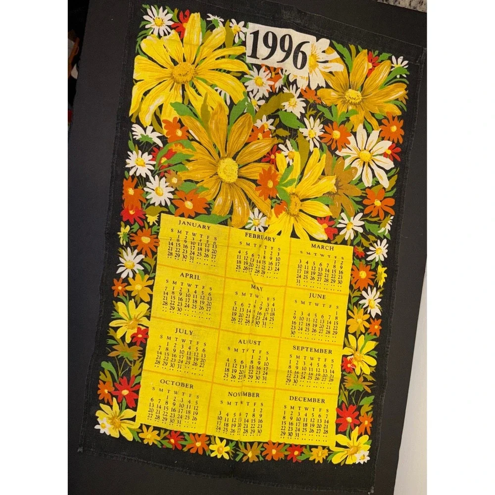 Vintage 1996 Calendar Tea Towel Floral Daisy Black Yellow Linen Wall Decor